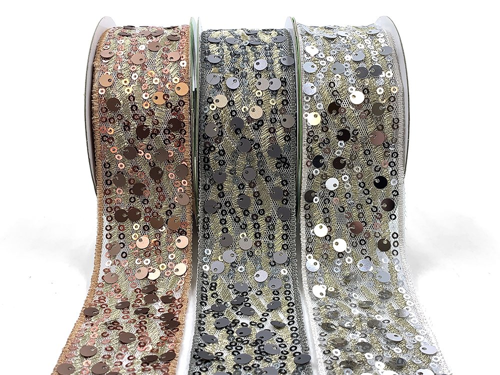 1.5 Inch Soft Woven Waved Mesh Sequin Ribbon