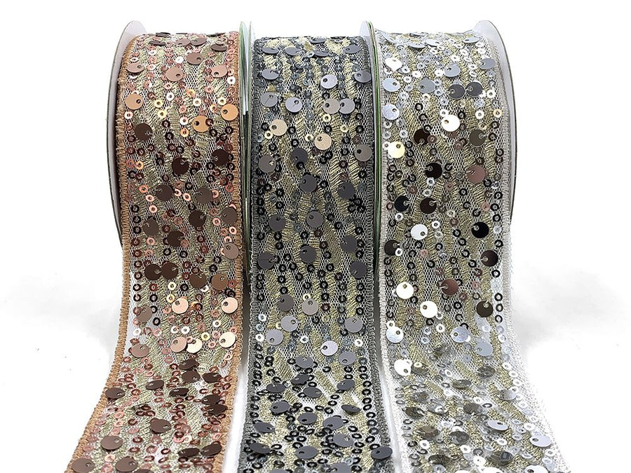 1.5 Inch Soft Woven Waved Mesh Sequin Ribbon