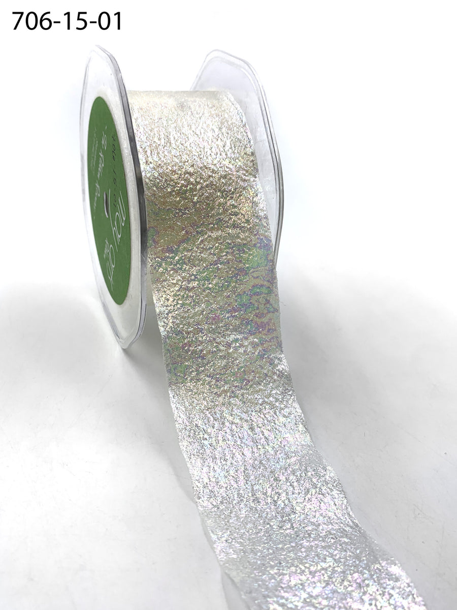 1.5 Inch Iridescent Holographic Crepe Ribbon – 706-15-01 White