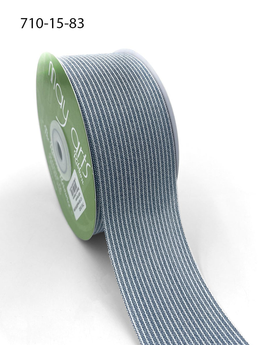 1.5 Inch Striped Washed Linen Ribbon – 710-15-83 DUSTY BLUE
