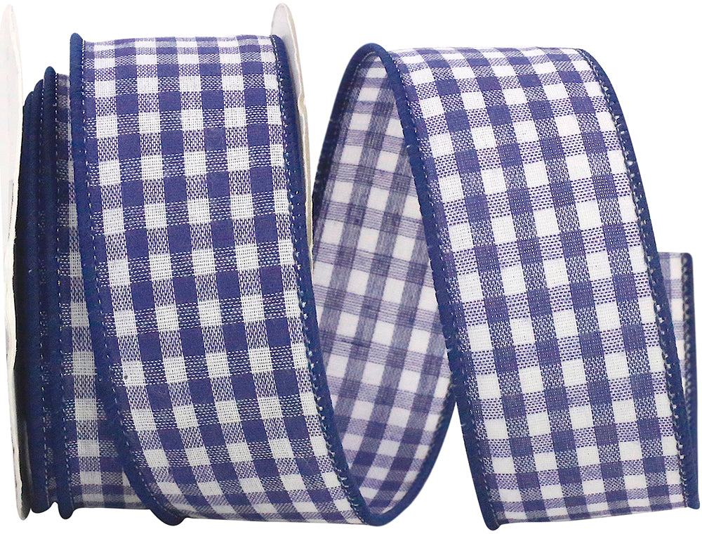 Navy Gingham Check Wired Edge Ribbon 1-3/8 Inch for Bows