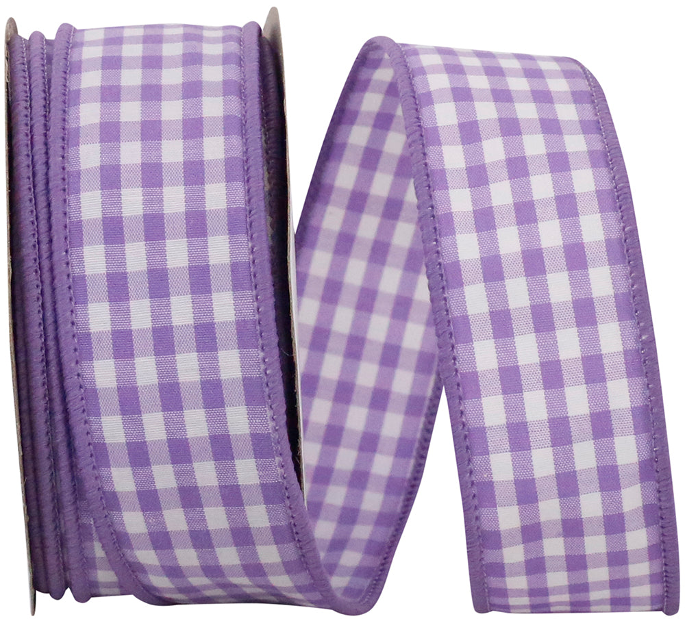 Gingham Check Wired Edge Ribbon Lavender 1-3/8 Inch