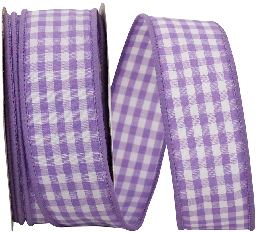 Gingham Check Wired Edge Ribbon Lavender 1-3/8 Inch