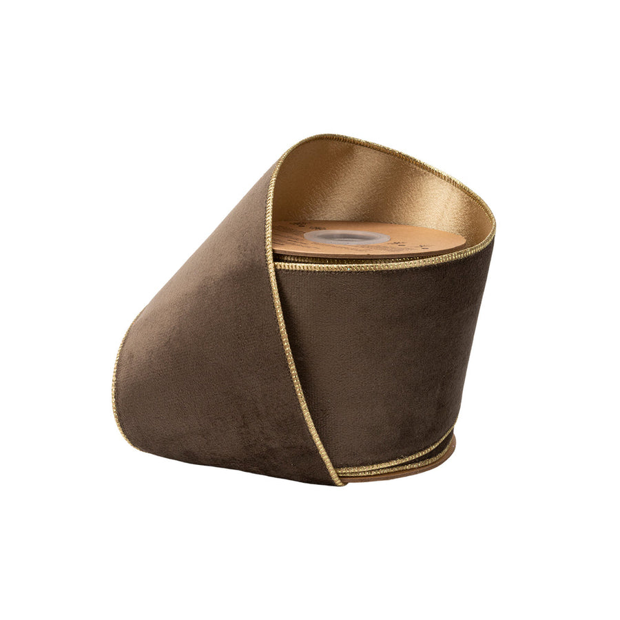 4” Reversible Classic Velvet Wired Ribbon | Brown w/ Gold Shimmer Satin Backing | 10 Yard Roll