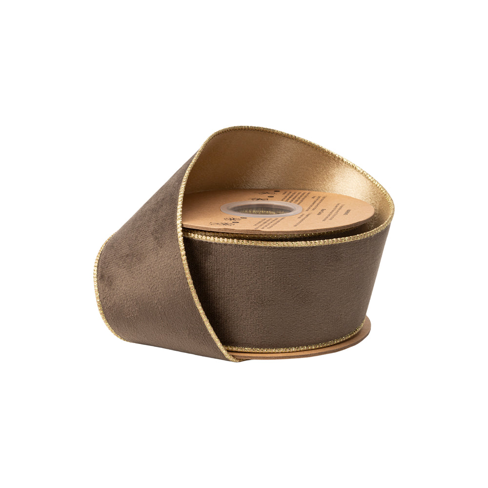 2 1/2” Reversible Classic Velvet Wired Ribbon | Brown w/ Gold Shimmer Satin Backing | 10 Yard Roll