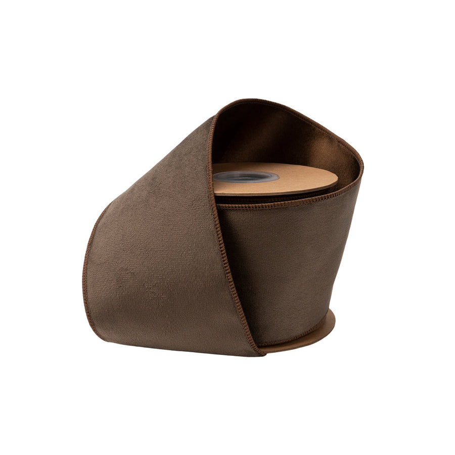 4” Reversible Classic Velvet Wired Ribbon | Brown w/ Brown Shimmer Backing | 10 Yard Roll