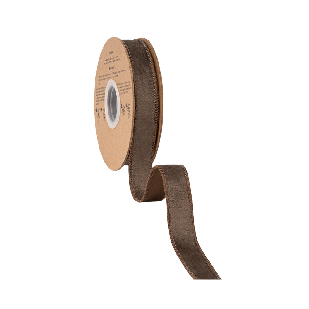 1” Reversible Classic Velvet Wired Ribbon | Brown w/ Brown Shimmer Backing | 10 Yard Roll