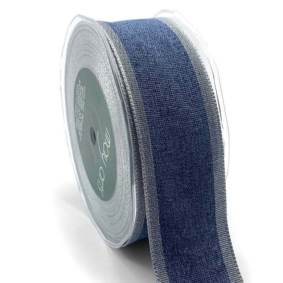1.5 Inch Woven Chambray Lined Metallic Edge Ribbon – 716-15-03 Navy/Silver