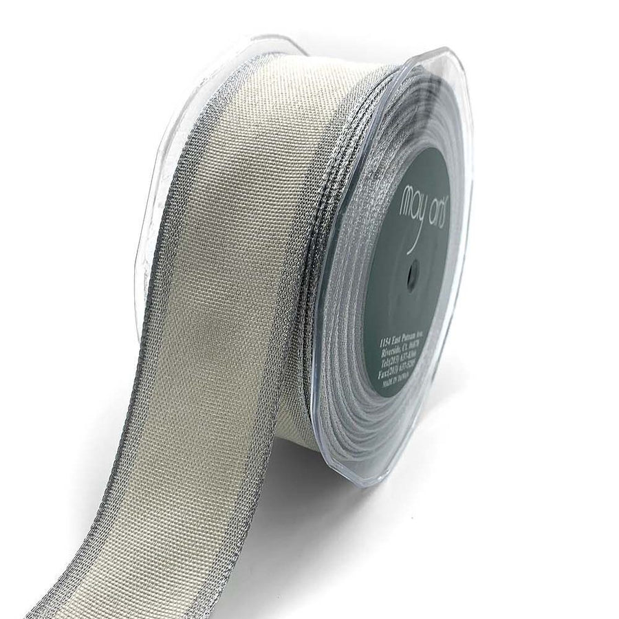1.5 Inch Woven Chambray Lined Metallic Edge Ribbon – 716-15-09 Ivory/Silver