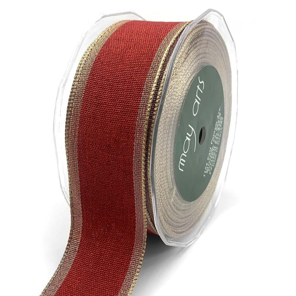 1.5 Inch Woven Chambray Lined Metallic Edge Ribbon – 716-15-14 Red/Gold