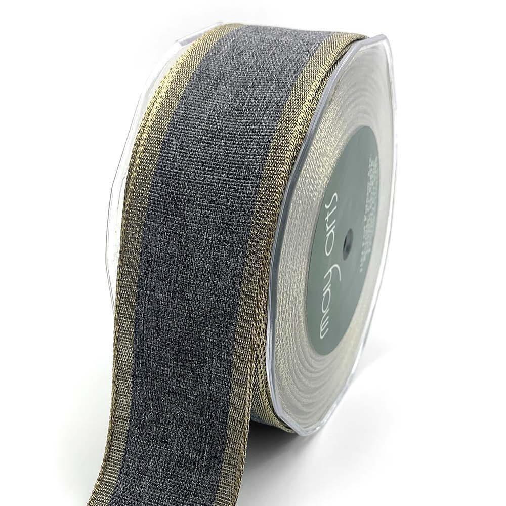 1.5 Inch Woven Chambray Lined Metallic Edge Ribbon – 716-15-95 Charcoal/Gold