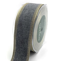 1.5 Inch Woven Chambray Lined Metallic Edge Ribbon – 716-15-95 Charcoal/Gold