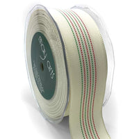1.5 Inch Woven Center Stitched Striped Christmas Ribbon – 717-15-09 Ivory/Red/Green
