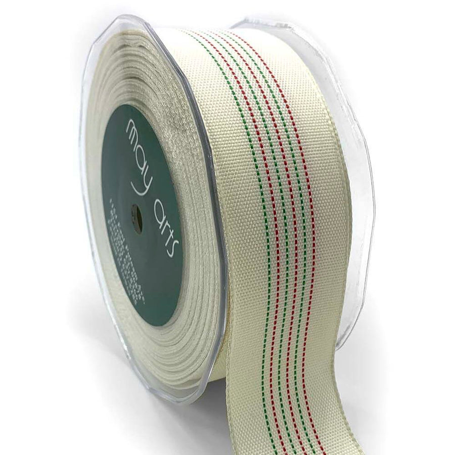 1.5 Inch Woven Center Stitched Striped Christmas Ribbon – 717-15-09 Ivory/Red/Green