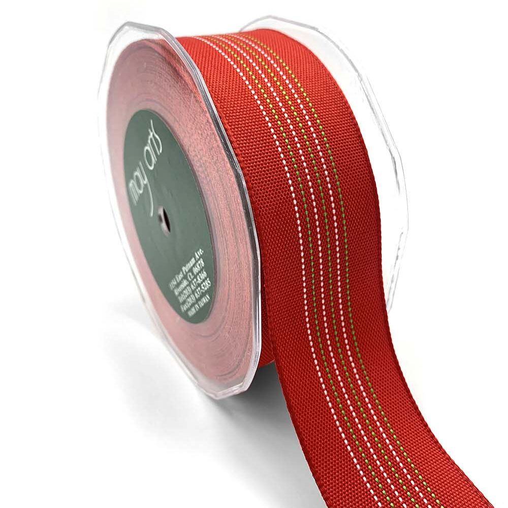 1.5 Inch Woven Center Stitched Striped Christmas Ribbon – 717-15-14 Red/Green/White