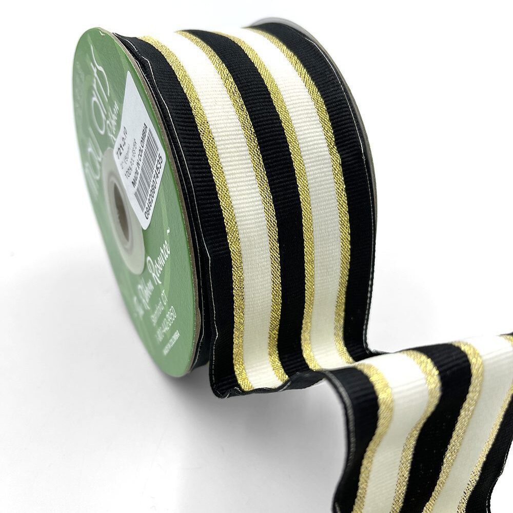 ~2 Inch (50MM) Woven Metallic Gold Stripe Wired Ribbon – 721-2-10 BLACK/IVORY/GOLD