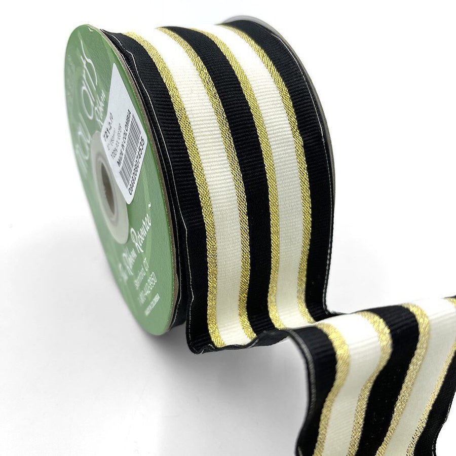 ~2 Inch (50MM) Woven Metallic Gold Stripe Wired Ribbon – 721-2-10 BLACK/IVORY/GOLD
