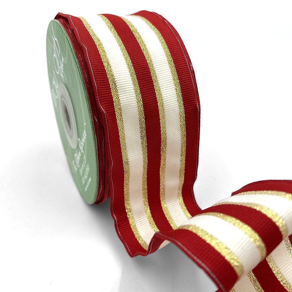 ~2 Inch (50MM) Woven Metallic Gold Stripe Wired Ribbon – 721-2-14 RED/IVORY/GOLD