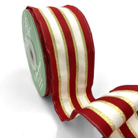~2 Inch (50MM) Woven Metallic Gold Stripe Wired Ribbon – 721-2-14 RED/IVORY/GOLD