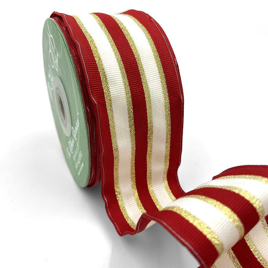 ~2 Inch (50MM) Woven Metallic Gold Stripe Wired Ribbon – 721-2-14 RED/IVORY/GOLD