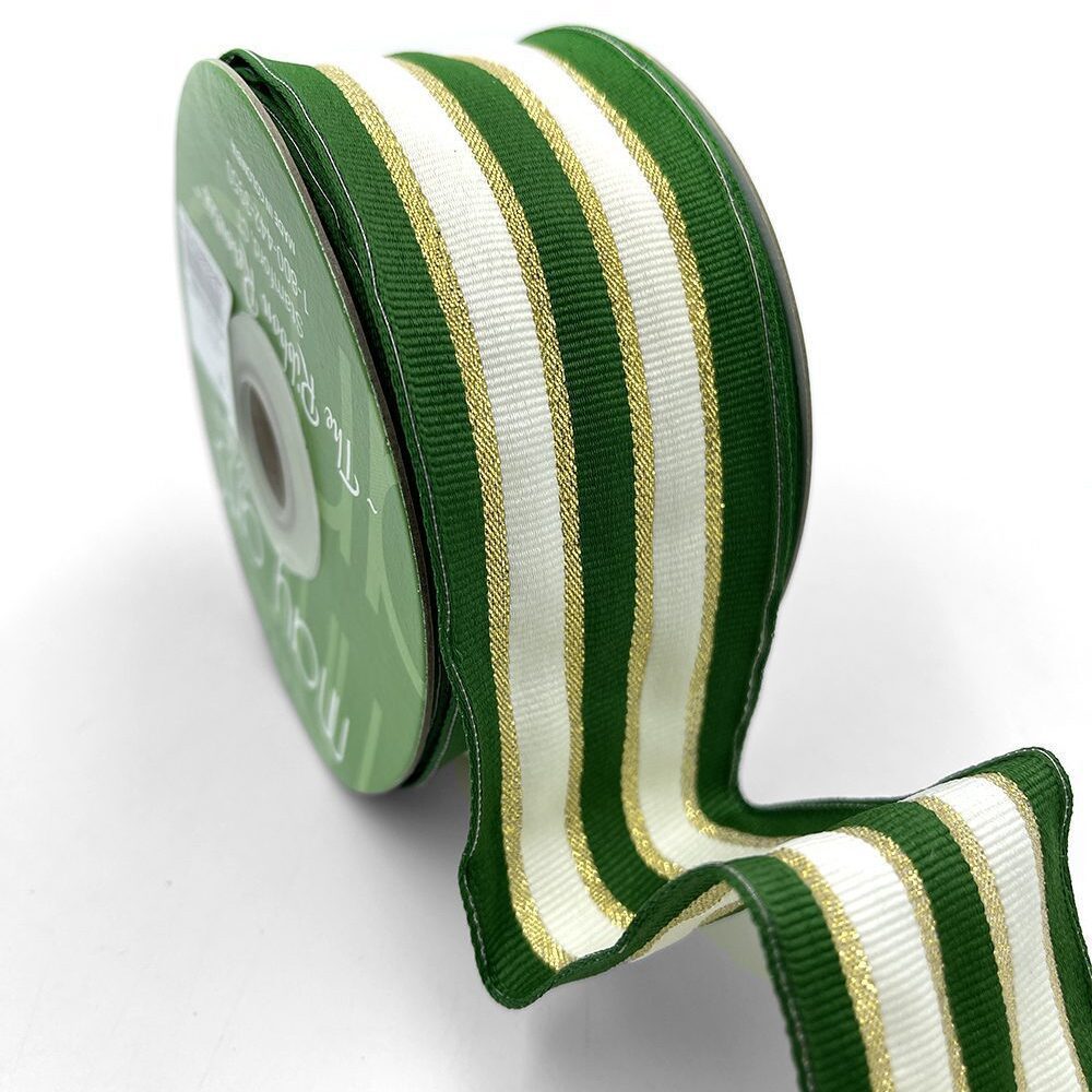 ~2 Inch (50MM) Woven Metallic Gold Stripe Wired Ribbon – 721-2-15 GREEN/IVORY/GOLD