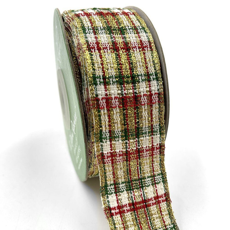 ~1 3/8 Inch Red, Green & Metallic Gold Loose Weave Tartan Plaid Ribbon – 723-138-30 Red, Green, Gold Metallic Plaid