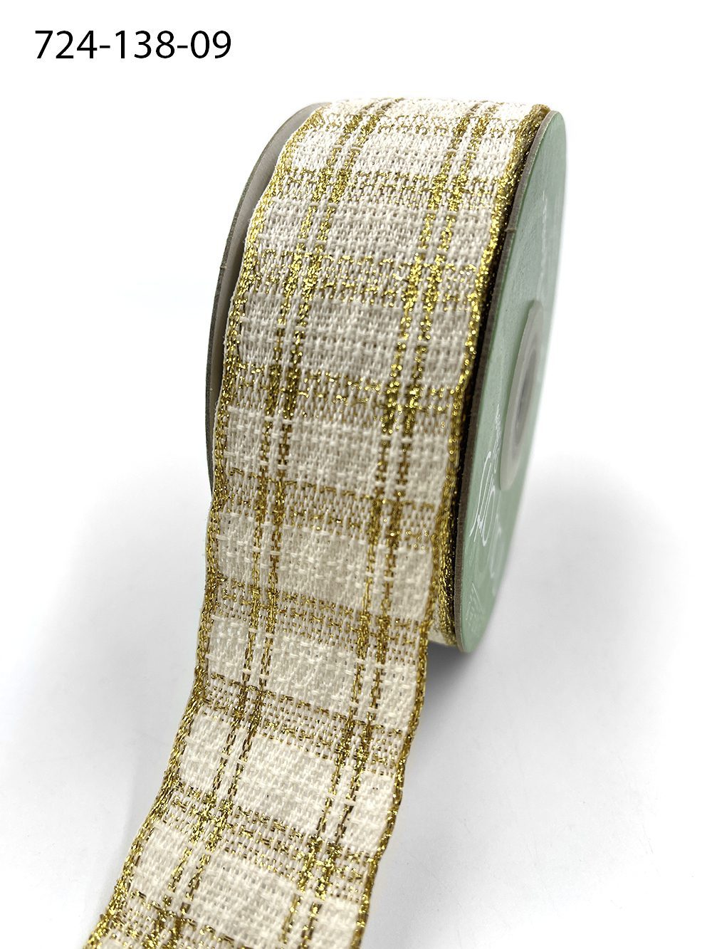 ~1 3/8 Inch (35mm) Woven Metallic Loose Weave Plaid Ribbon – 724-138-09 Ivory & Gold Metallic Plaid