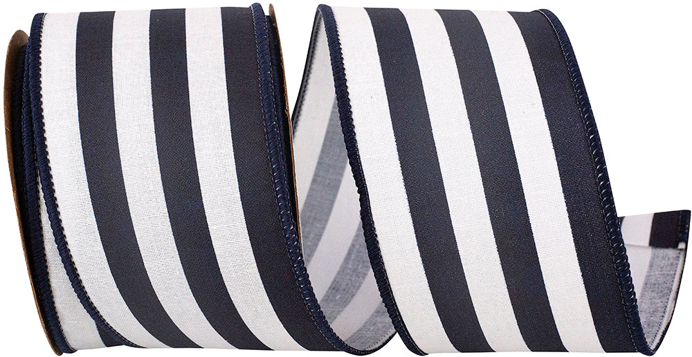 Navy 2-1 2 Inch Stripes Canves Large Wired Edge Ribbon for Wreaths & Bows