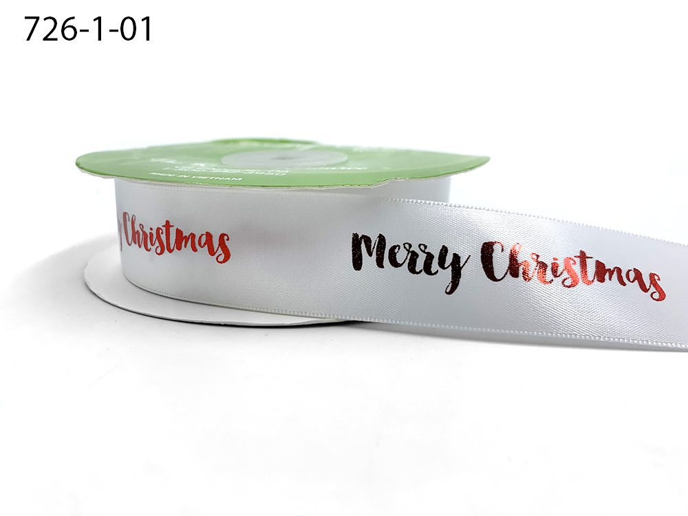 ~1 Inch Satin Holiday Print Ribbon with Woven Edge – 726-1-01 Calligraphy Merry Christmas Ribbon