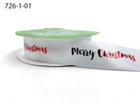 ~1 Inch Satin Holiday Print Ribbon with Woven Edge – 726-1-01 Calligraphy Merry Christmas Ribbon