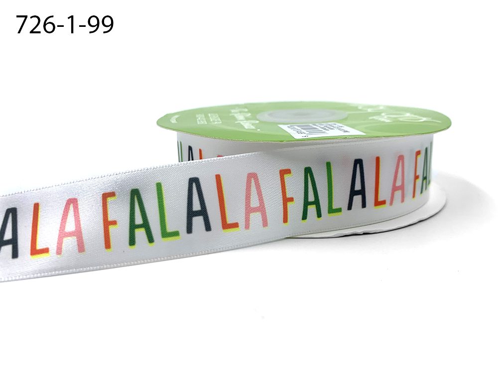 ~1 Inch Satin Holiday Print Ribbon with Woven Edge – 726-1-99 Fa La La Print Ribbon