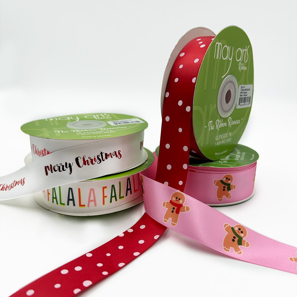 ~1 Inch Satin Holiday Print Ribbon with Woven Edge