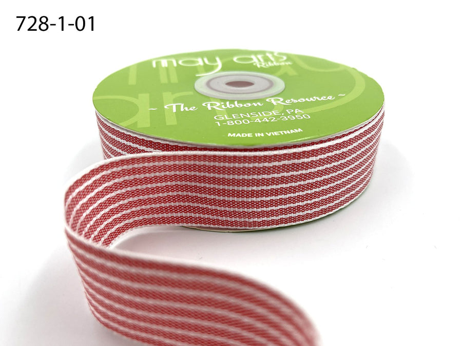 ~1 Inch (25mm) Thick Woven Striped Ribbon – 728-1-01 Soft Red/White Stripes