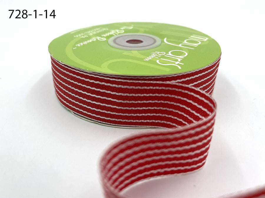~1 Inch (25mm) Thick Woven Striped Ribbon – 728-1-14 Bold Red/White Stripes