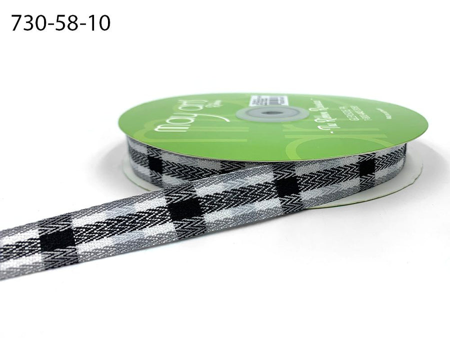 ~5/8 Inch Woven Tartan Plaid Twill Ribbon – 730-58-10 White/Black/Grey Tartan