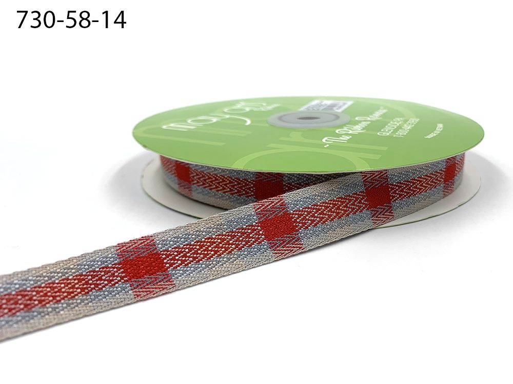 ~5/8 Inch Woven Tartan Plaid Twill Ribbon – 730-58-14 Red/Grey/Tan Tartan