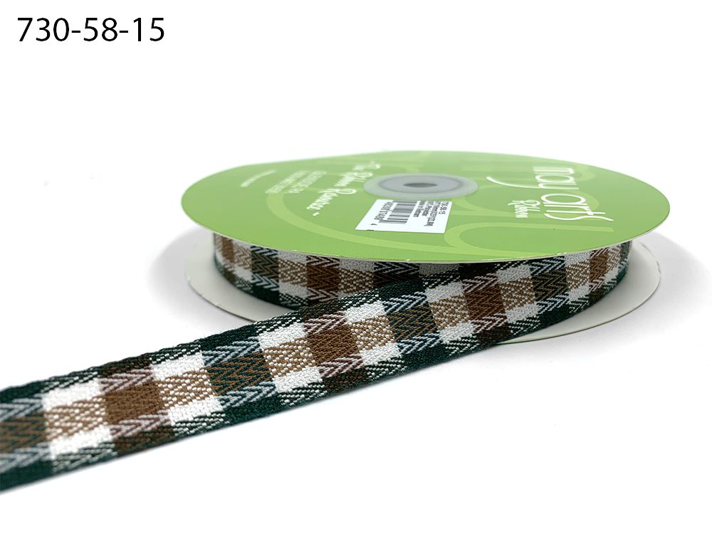 ~5/8 Inch Woven Tartan Plaid Twill Ribbon – 730-58-15 Green/Brown/White Tartan