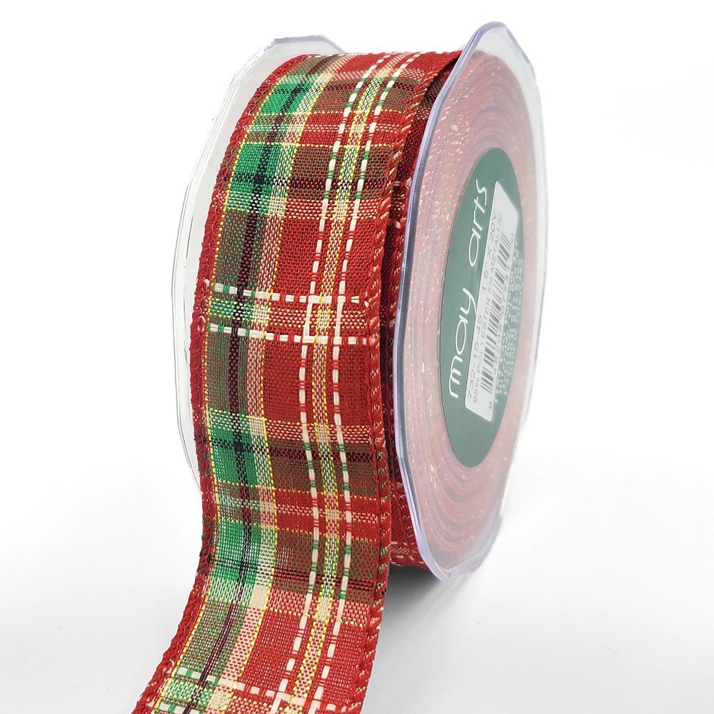 1.5 Inch Wired Tartan Plaid Stitches Christmas Ribbon – 732-15-45 red/green/white/gold