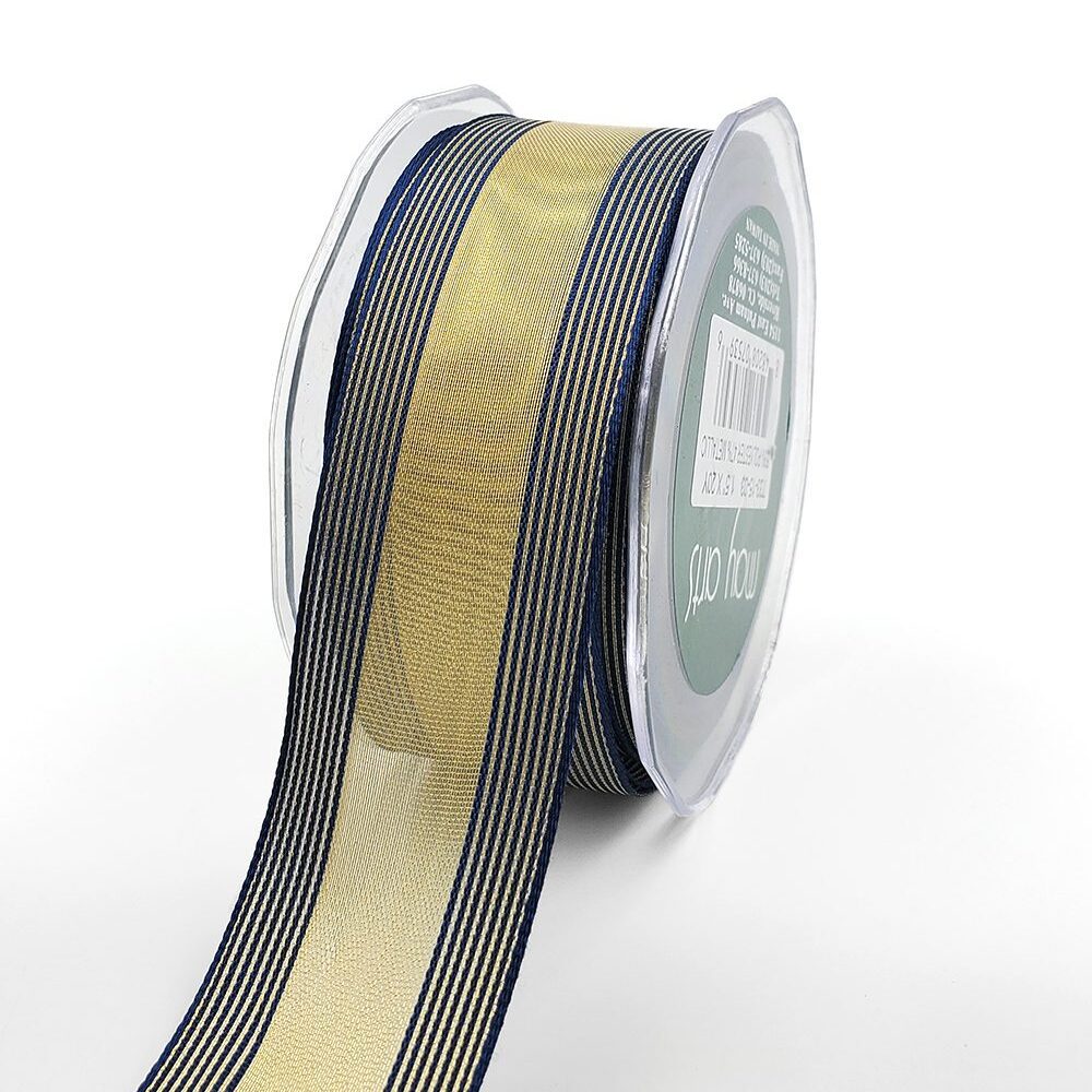 1.5 Inch Sheer Metallic Stripes Wired Ribbon – 733-15-03 GOLD/NAVY