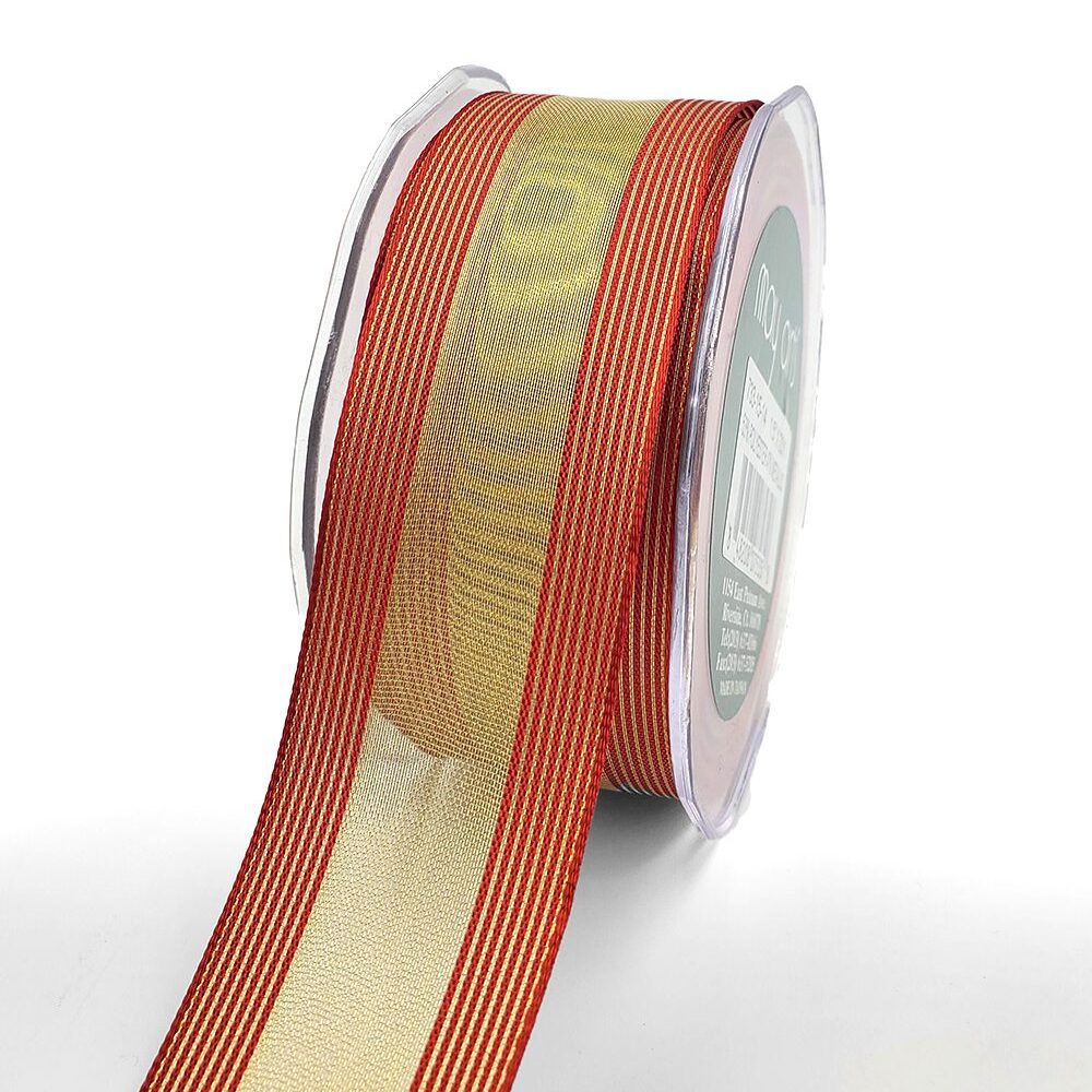 1.5 Inch Sheer Metallic Stripes Wired Ribbon – 733-15-14 GOLD/RED
