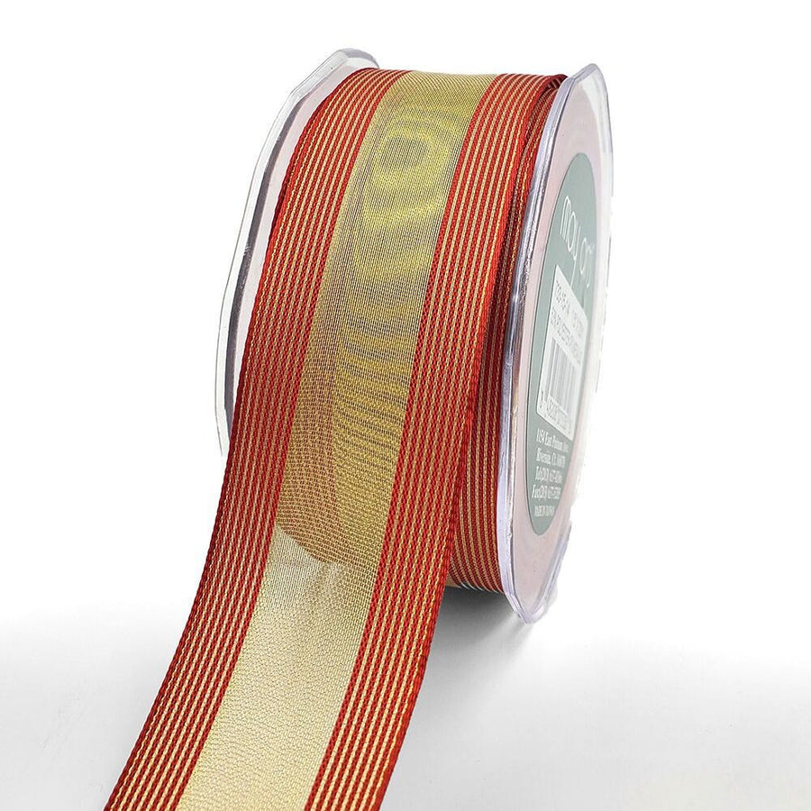 1.5 Inch Sheer Metallic Stripes Wired Ribbon – 733-15-14 GOLD/RED