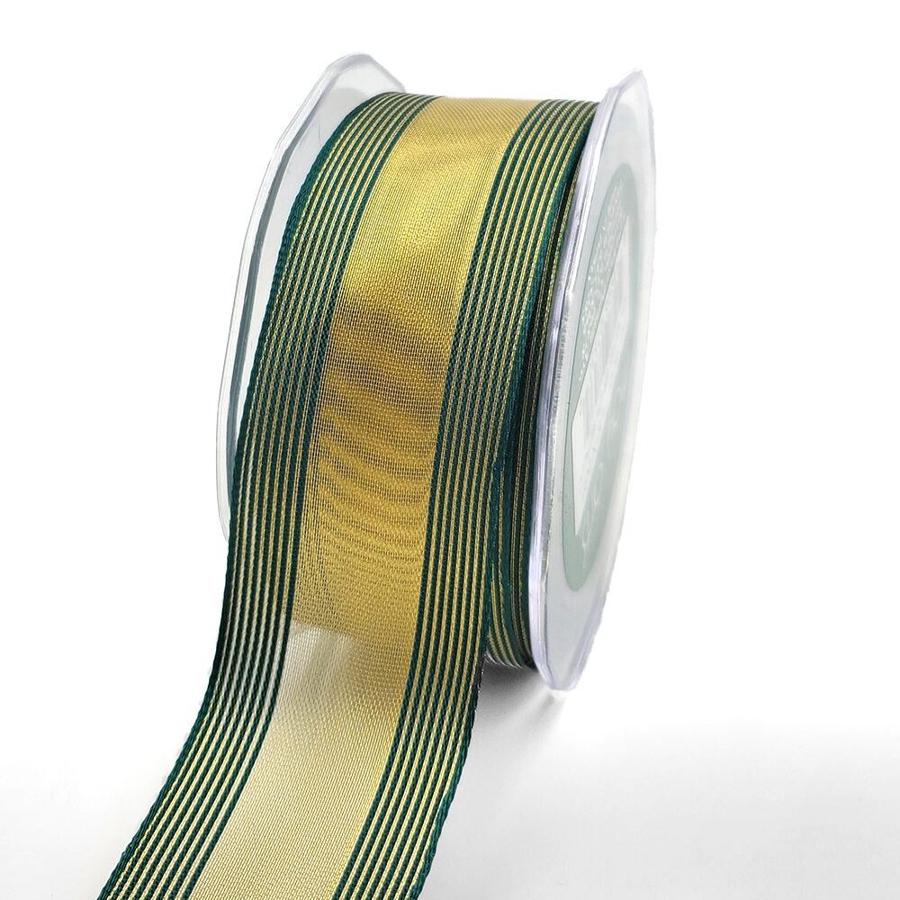 1.5 Inch Sheer Metallic Stripes Wired Ribbon – 733-15-15 GOLD/GREEN