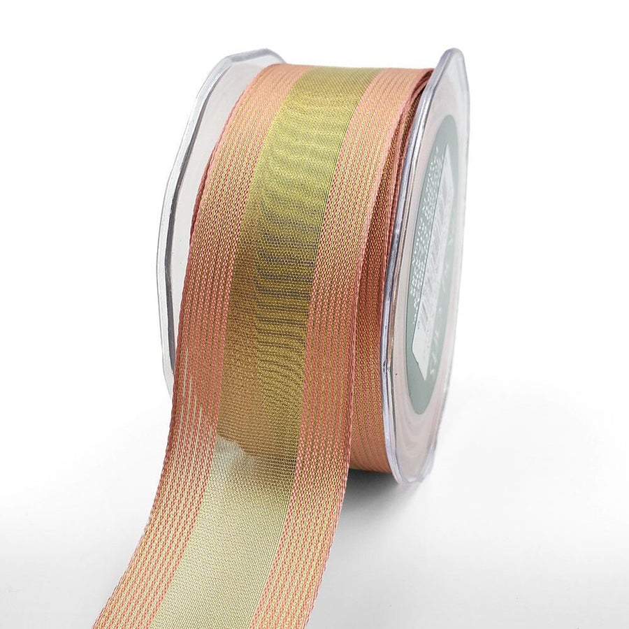 1.5 Inch Sheer Metallic Stripes Wired Ribbon – 733-15-19 GOLD/ROSE