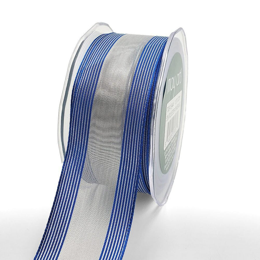 1.5 Inch Sheer Metallic Stripes Wired Ribbon – 733-15-44 SILVER/ROYAL BLUE