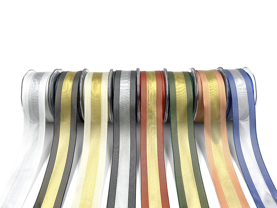 1.5 Inch Sheer Metallic Stripes Wired Ribbon
