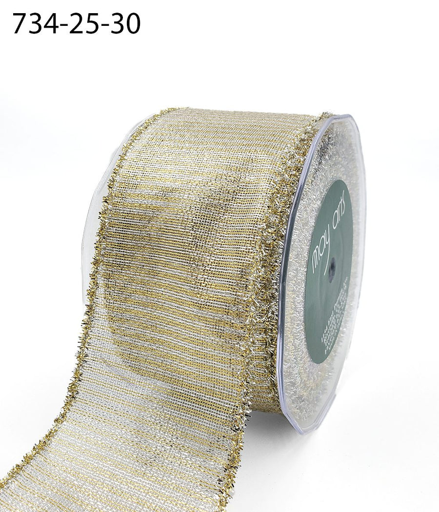 2.5 Inch Wired Metallic Striped Ribbon with Tinsel Edge – 734-25-30 GOLD/SILVER
