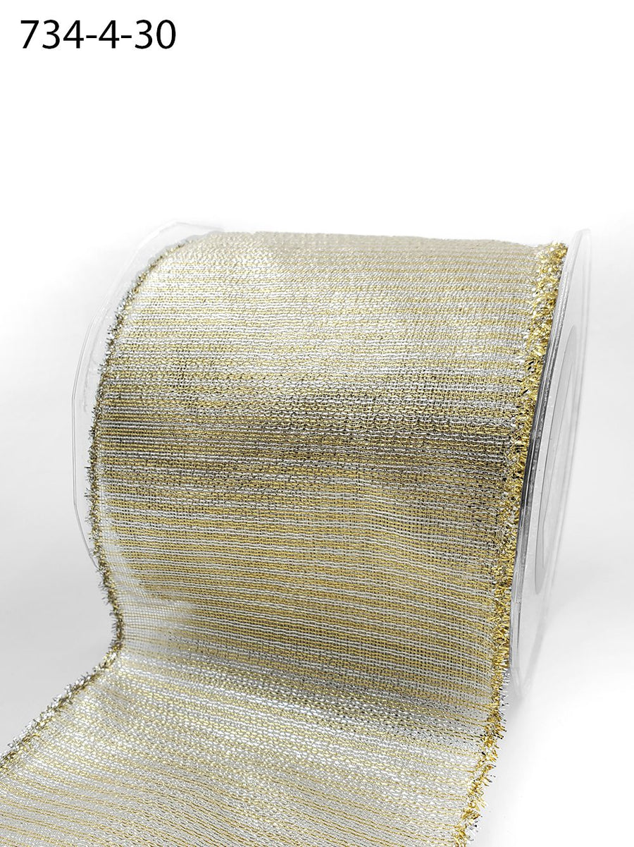 4 Inch Wired Metallic Striped Ribbon with Tinsel Edge – 734-4-30 GOLD/SILVER