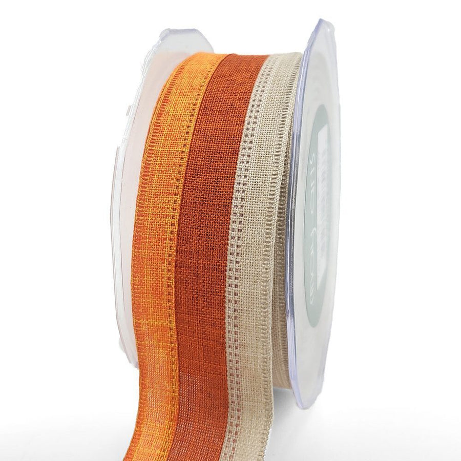 1.5 Inch Wired Tri-Color Faux Linen Ribbon – 735-15-28 NATURAL/PUMPKIN SPICE/ORANGE