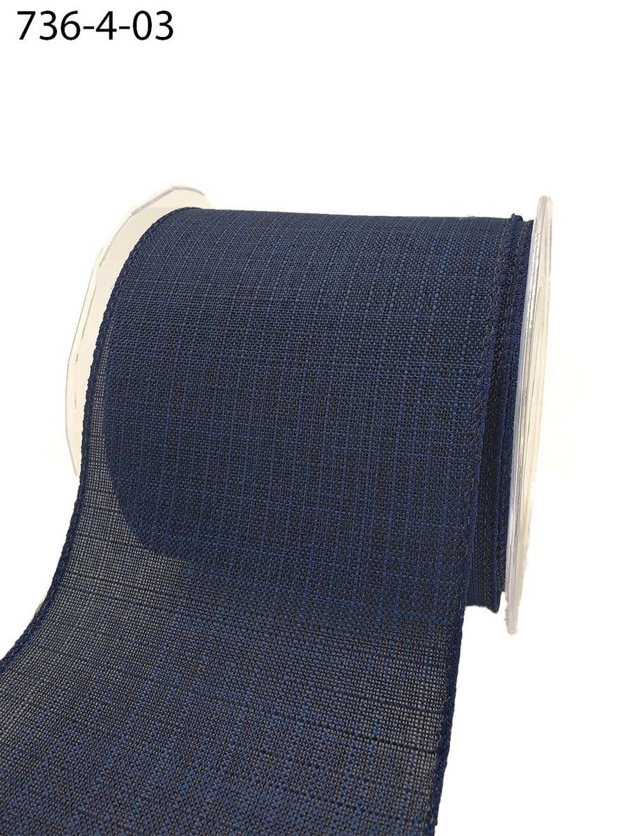 4 Inch Faux Linen Woven Wired Edge Ribbon – 736-4-03 NAVY