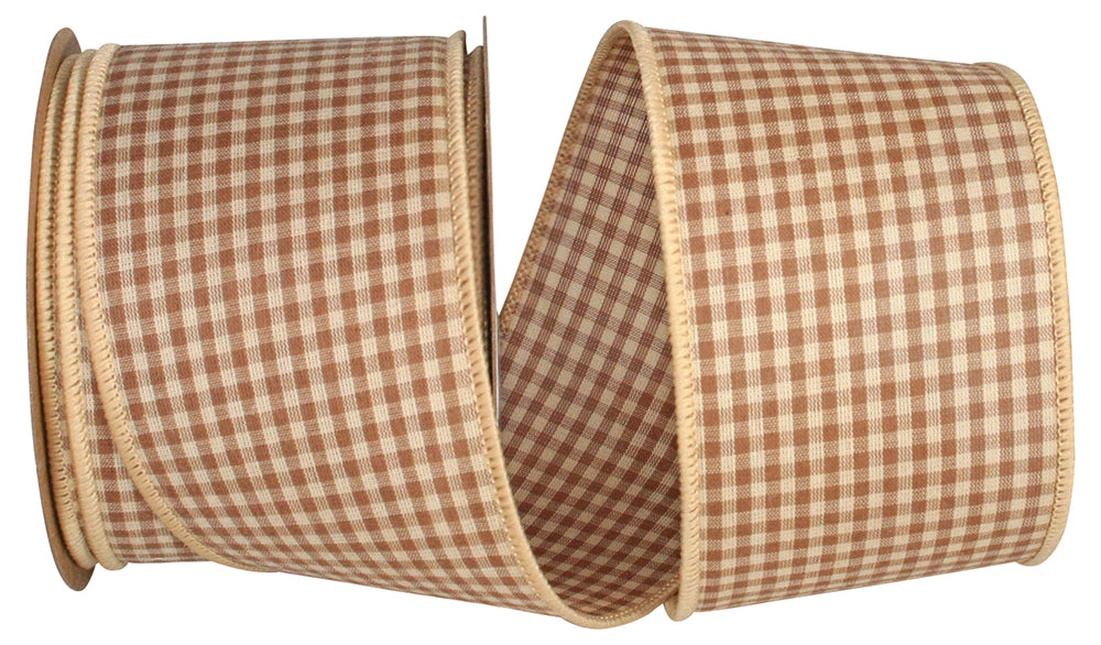 Tan 2-1 2 Inch Tea Dy Gngham Americana Wired Edge Ribbon for Wreaths & Bows
